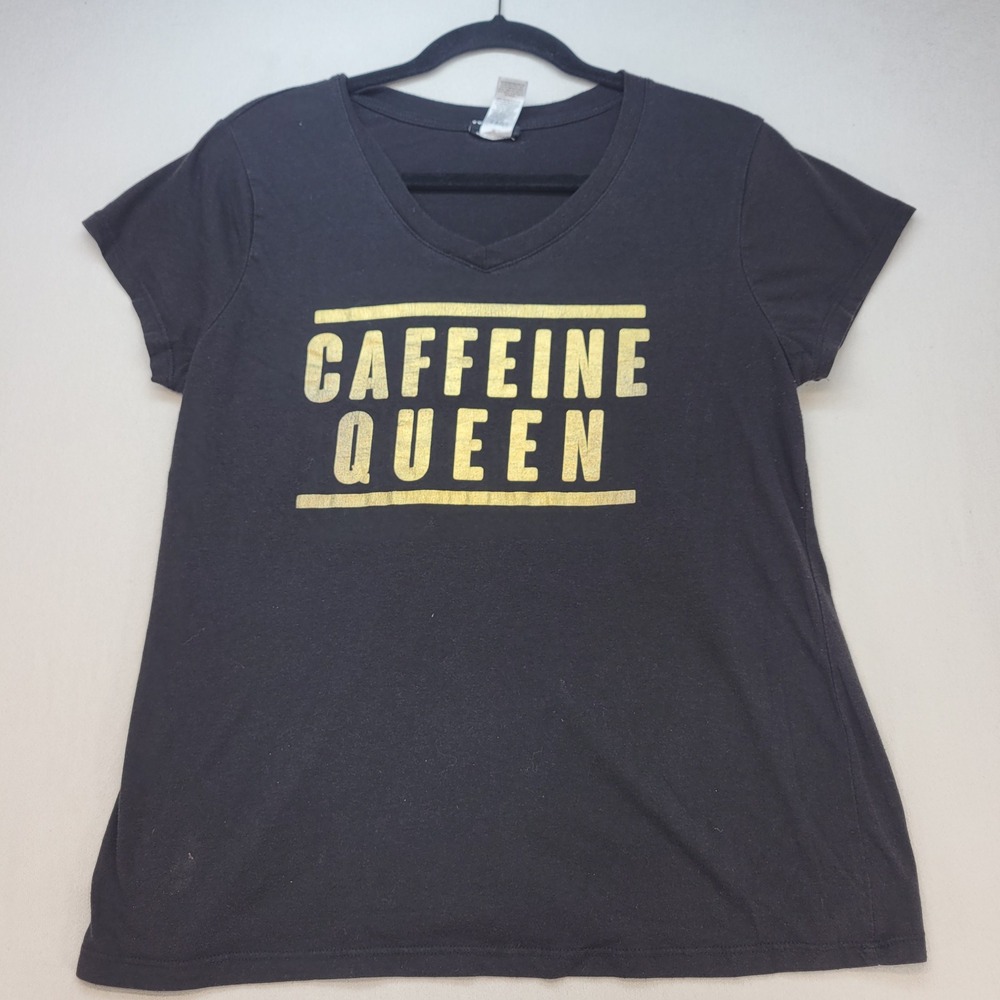 Joe Boxer Caffeine Queen Graphic T-Shirt Womens XL Black Gold V-Neck Tee